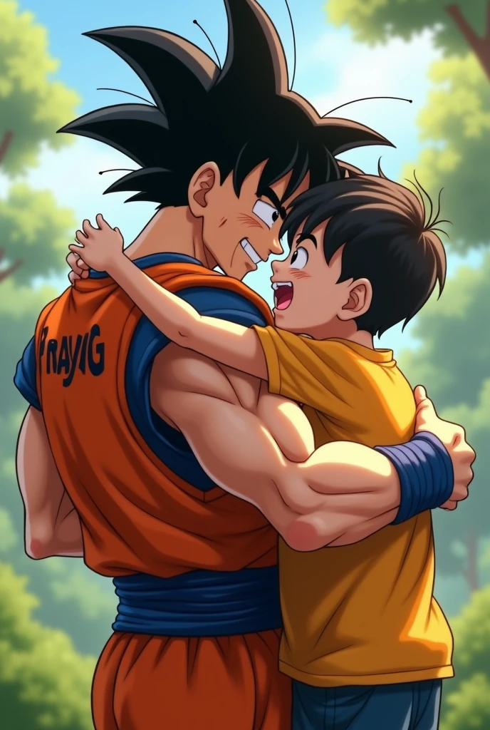 Goku ek ladke se gale milta hua or us ladke ki t shirt par prayag naam likha hua he picche