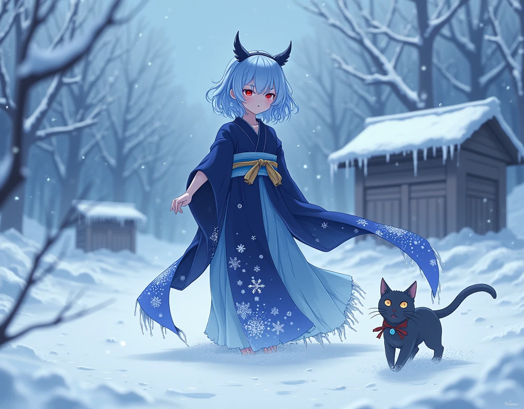 masterpiece, 最high quality, high quality, High resolution, Anime 2.5D、One person, Clear Blue Hair、Red glowing eyes、Navy and light blue kimono、(雪女と猛Snowstormに耐える猫)、Trees、The only hut、Snowstorm、icicle、