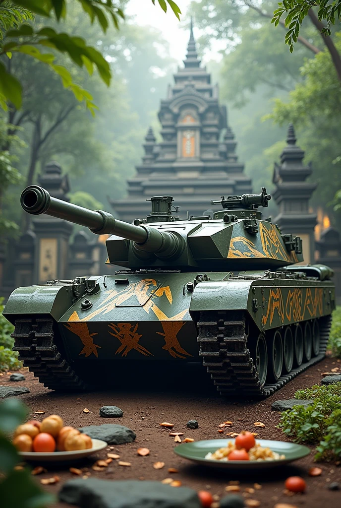 The T90 tank has a fierce pattern, is very scary, has a lot of bomb shields around it, is a plate of Thai food, and is in a forest temple.