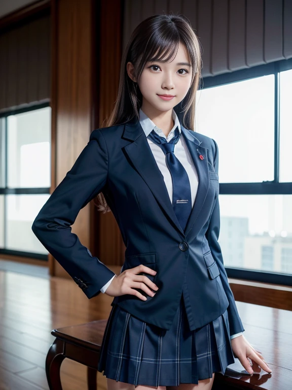 Tabletop, Super Detail, high quality, Awards, 8k, (), alone, smile, Japanese High School Uniform, (All formal jackets are dark blue), White shirt, Short tie, A short skirt with a check pattern, The theme color is dark navy, Are standing, Half Body Shot, Portrait Style