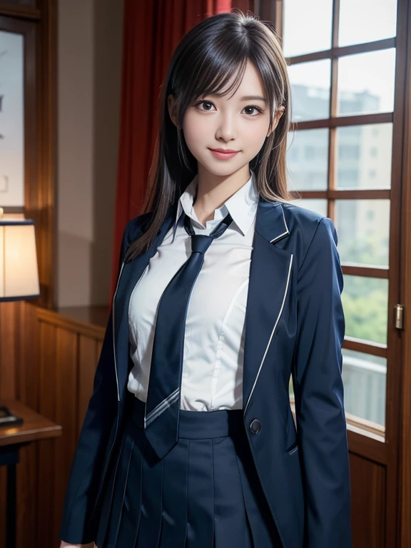 Tabletop, Super Detail, high quality, Awards, 8k, (), alone, smile, Japanese High School Uniform, (All formal jackets are dark blue), White shirt, Short tie, A short skirt with a check pattern, The theme color is dark navy, Are standing, Half Body Shot, Portrait Style