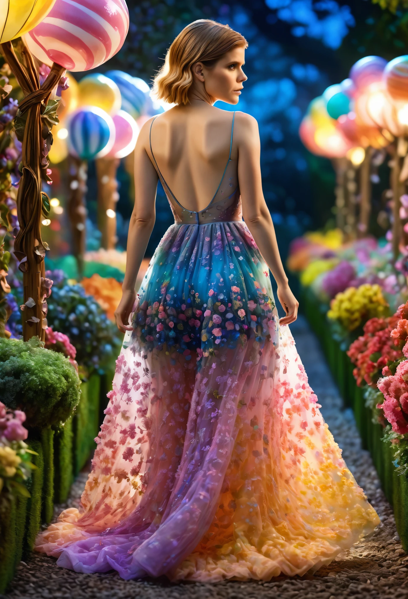 a detailed photo of Kate Mara in a sheer colorful gown without underwear, strolling through a candy land garden in full bloom on a moonlit night, sultry poses, mainly viewed from behind, best quality,4k,8k,highres,masterpiece:1.2,ultra-detailed,realistic,photo-realistic:1.37,HDR,UHD,studio lighting,ultra-fine painting,sharp focus,physically-based rendering,extreme detail description,professional,vivid colors,bokeh,portrait