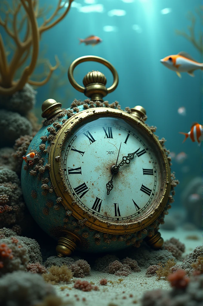 Old broken clock sunk to the bottom of the sea