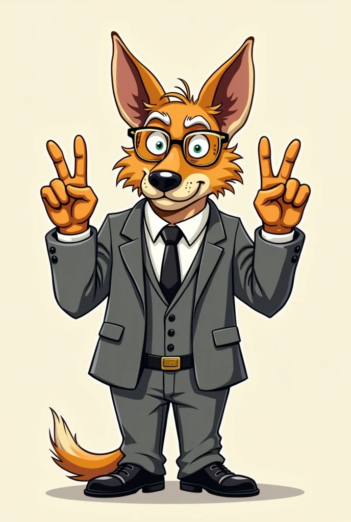 cartoon dingo dressed like WWE wrestling manager JJ dillon.

Old cartoon dingo head. Old Dingo hands. Gold glasses.

Blonde hair. Old and fragile. Grey suit. White dress shirt. Black tie. Grey pants. Black dress shoes. Holding out four fingers.