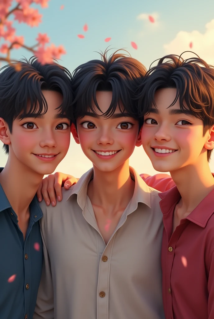 create a picture of three friends, one similar to Mingyu, another friend similar to Jungkook and another similar to Yoongi, happy but handsome, be almost identical and realistic Disney style