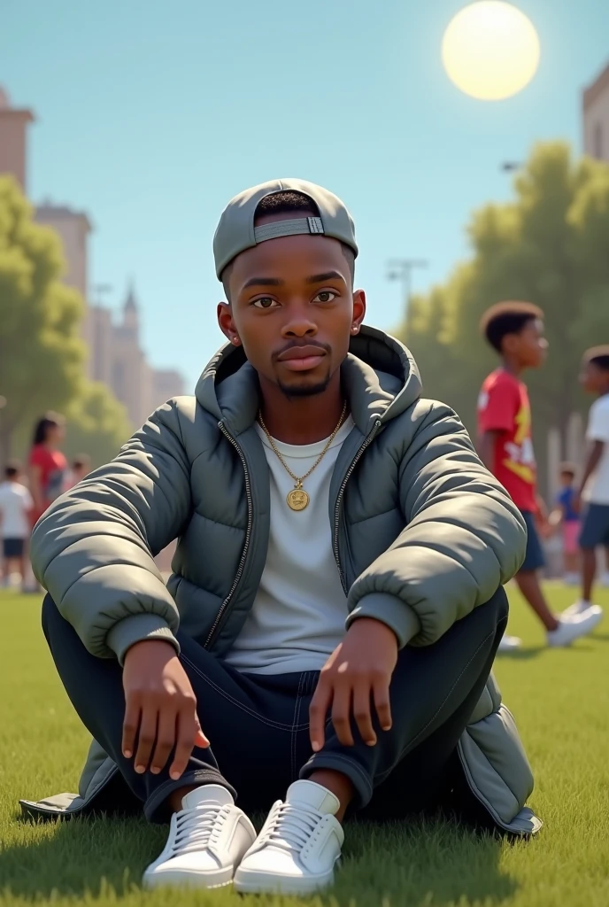 best qualityer:1.4), (ultra high resolution:1.2), (photorrealistic:1.4), (8k, CRU photo:1.2), ung black man, 20 years old. he is wearing a white shirt, gray puffer coat on top. He is wearing black jeans. Corte de cabelo buzzcut. He&#39;s wearing a gray cap backwards. He is wearing white Adidas sneakers. He is sitting on the grass. Corte de cabelo buzzcut. thin build. It&#39;s not blurry in the background. thin build. In the background there are movements of people and children. thin build. has 1.75 tall. There is a sun .