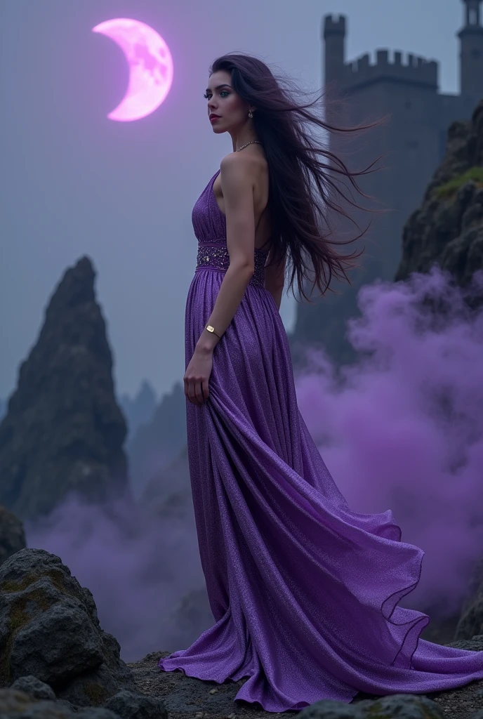 English woman 20 years old,skin fair,sparkling green eyes,dark purple hair,vestido de uma Deuz grega roxo metalico,purple new moon,black castle,toxas rochas,purple smoke,Deuz,scenarioposes,make-up,cinema image,品質,full body images,detailed,full body image,high resolution,