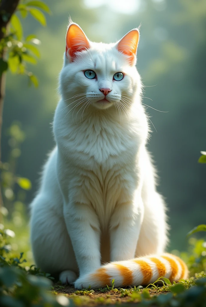 Stunning white cat, blue colored eyes, striped yellow tail, 2 meters high, in a clearing, photo in 8k, in action, cinematic.