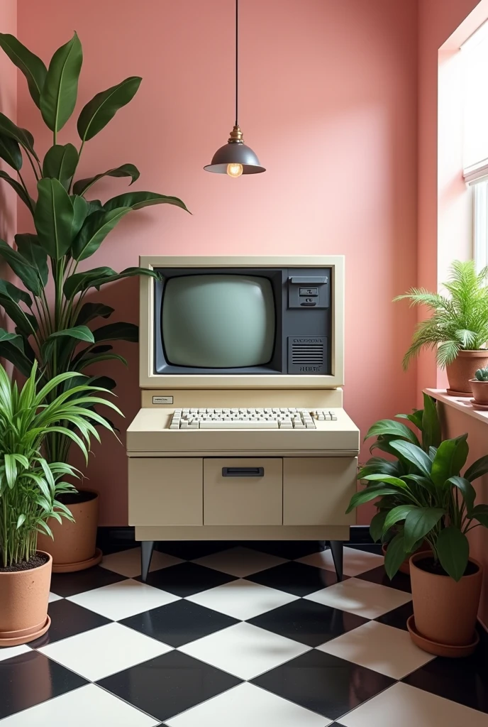 A Macintosh Plus 420 themed bathroom with a black and white checkered floor, pink wall and plants