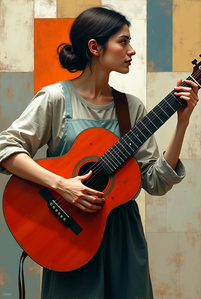 create an CUBISM ART that the girl holding a guitar