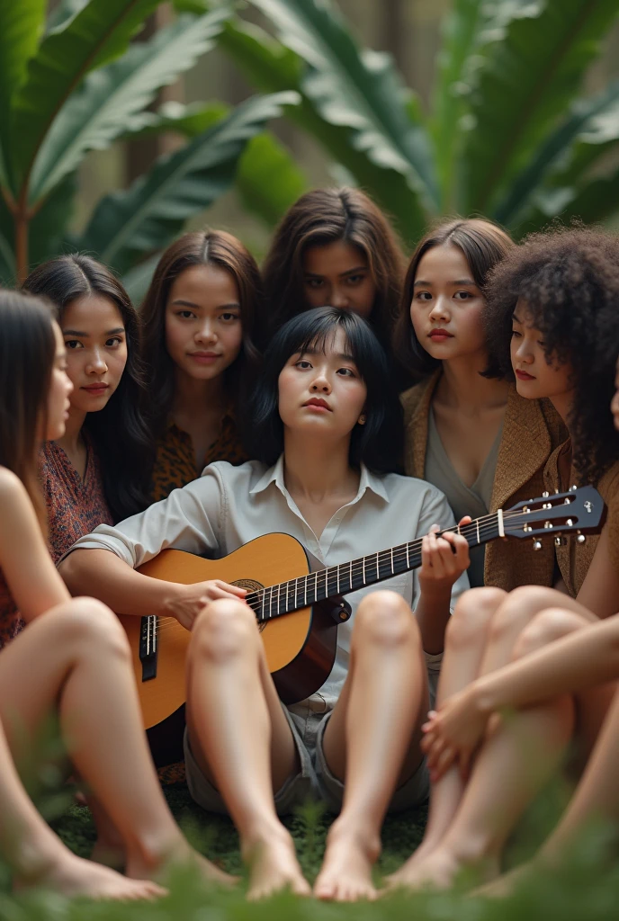 Generate an image where Suga from BTS appears sitting with a guitar and around him a group of 10 girls from different countries with their feet holding hands protecting him from the media spotlights.