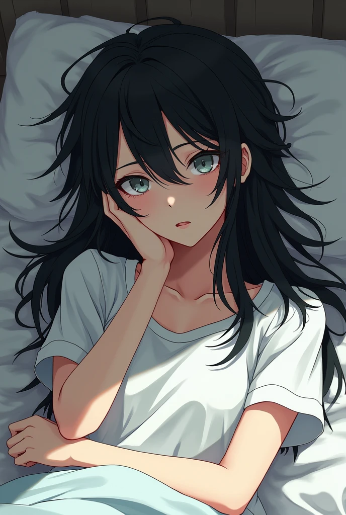 adult girl, lying in bed, long messy black hair, the pupils of the eyes that are gray, with a white shirt and a serious expression, a hand on the face and with a serious and not pretty mangaka style