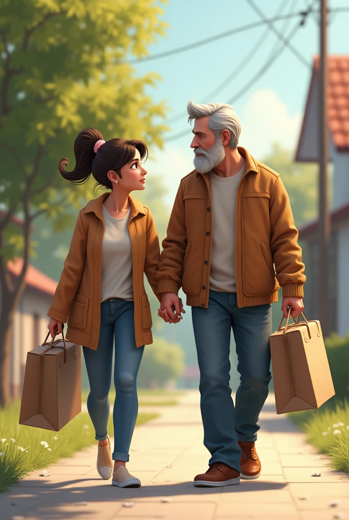 Poli's expression softens, and she takes the man's bag, helping him carry it as they walk together towards his home.
