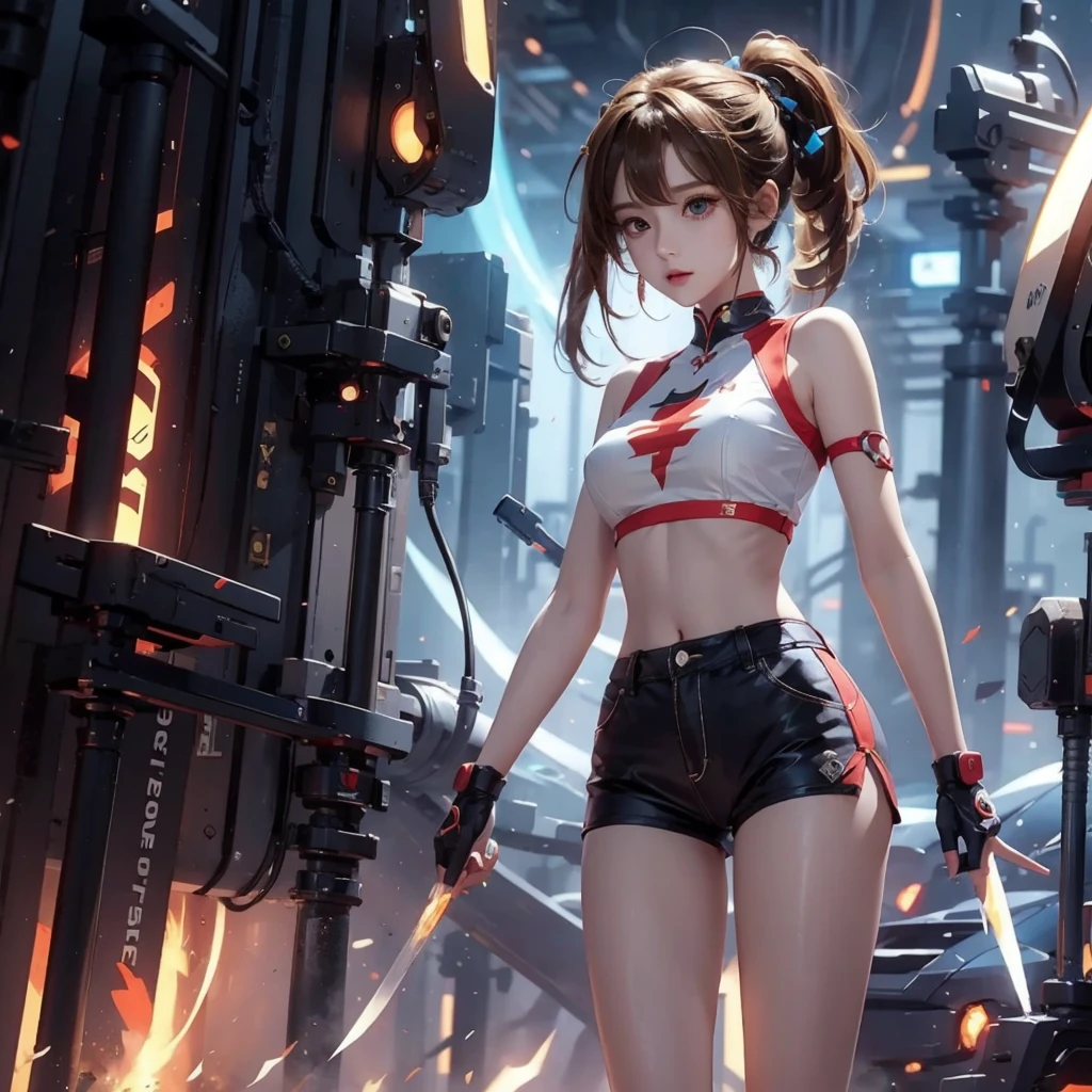 girl anime, pretty, crop top, short shorts, futuristic, gamer, background with rays of electricity