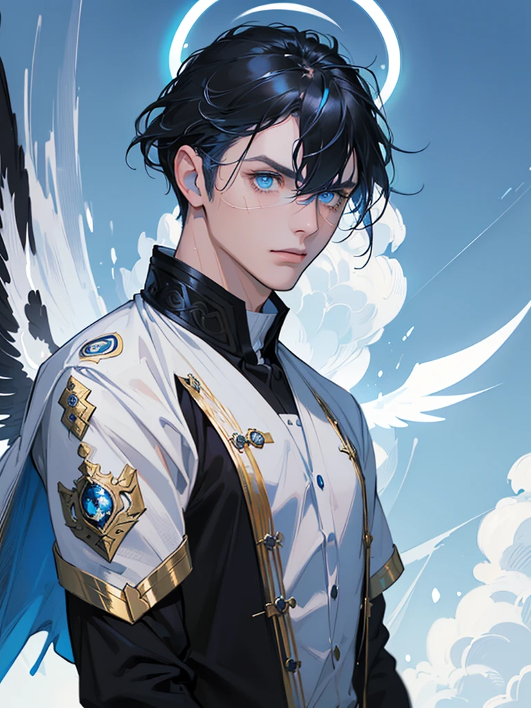 ((Maximum quality, work of art, 4K, finely detailled, detailedeyes, face detailed, gelbooru, pixiv)), warm lighting, ((standing alone)), 1 men, bonitas, masculine, adult and mature man, broadshouldered, Close face ((short black hair with white and blue streak in the bangs, Halo), portraite, gentle face. looking at the observer, ((calm eyes, half covered, blue eyes with white pupils)), wearing a black and blue and gold suit, having blue wings), city background in angelic sky