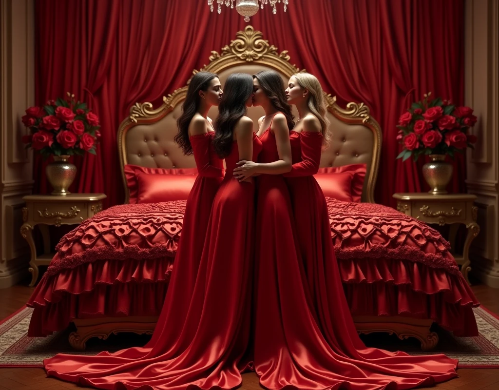 highest quality, masterpiece, highest resolution, artwork, super それにget used to it, many get used to it, get used to it, それにget used to it,love,romantic,four woman,two woman kissing each of their partners,((red satin elegant dresses)),red satin evening dresses, ((Gorgeous goddess rococo robe satin dress with voluminous full-length hoop skirt)),long sleeve,long dress,A dress with full silk fabric...,luxury,((Palace full red satin bedroom)),((long size red satin bed)),Frilled silk red bedspread,many pillows on the bed,satin pillow with frills,((Four woman is standing kiss in front of the big size satin bed)),luxurious ruffled red curtains