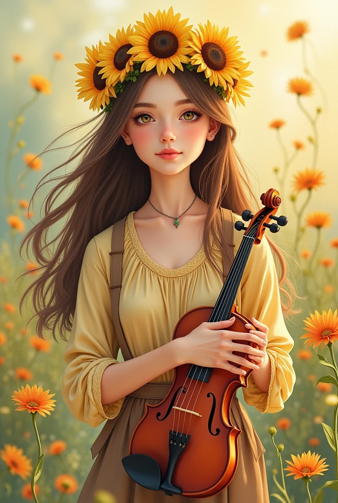(tmasterpiece:1.4, best qualtiy))+, (ultra - detailed)+,(watercolor paiting:1.2),Cute 1girl,A serene portrait of a young woman with long, straight brown hair, adorned with a crown of bright yellow sunflowers. She is dressed in an earthy, vintage-style outfit and gently holds a violin close to her chest. The background is softly blurred with warm, golden and green hues, creating a dreamy, ethereal atmosphere. Orange and yellow flowers float in the air around her, enhancing the tranquil and idyllic mood of the scene."