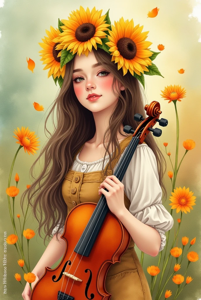 (tmasterpiece:1.4, best qualtiy))+, (ultra - detailed)+,(watercolor paiting:1.2),Cute 1girl,A serene portrait of a young woman with long, straight brown hair, adorned with a crown of bright yellow sunflowers. She is dressed in an earthy, vintage-style outfit and gently holds a violin close to her chest. The background is softly blurred with warm, golden and green hues, creating a dreamy, ethereal atmosphere. Orange and yellow flowers float in the air around her, enhancing the tranquil and idyllic mood of the scene."