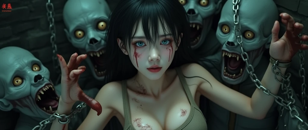(32K:1.9, Horror expression:1.9, Highest quality, masterpiece, Ultra-high resolution), Perfect dynamic composition, Highly detailed skin and facial textures:1.3, Detailed eyes, Detailed limbs, (The Darkest Dungeon:1.3), Torn light brown sailor suit:1.6, Cute sexy slim Japanese woman:1.2, Fair skin, Tilt your head, (5 Zombies:1.8, Crazy behavior:1.7, Zombie touching a woman:1.9, Raindrops falling from the ceiling:1.5), (Her big breasts look like they're about to burst., areola is not visible, Big cleavage), (A look of despair:1.3, Expression of despair:1.3, Totally captivates you), Beautiful Blue Eyes, Beautiful erotic eyes, Sexy Face, blush, Beautiful sensual atmosphere, Professional random camera work, ((Bloody:1.9, Covered in scars:1.9, Bruises on the face:1.9, Covered in bruises:1.9, Lots of big chains:1.8, Countless chains tangled in clothes:1.8, Chain your right arm:1.8, Chain the left arm:1.8, The right leg is bound with a shackle and chain:1.8, The left leg is bound with a shackle and chain:1.8)), ((The endless chains invade:1.8)), (Too erotic)