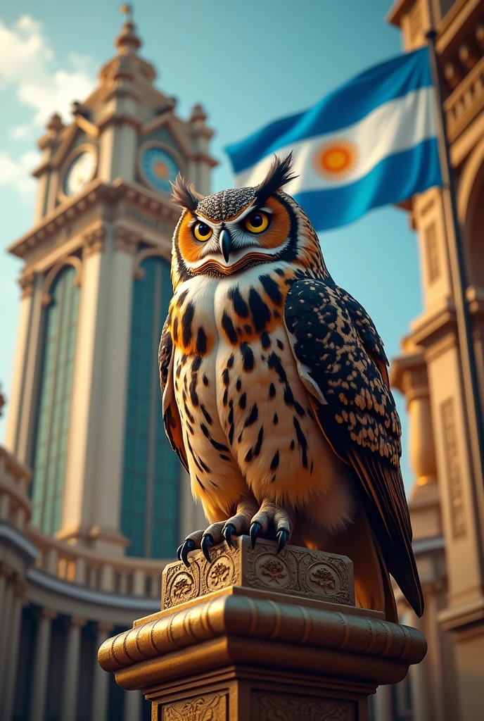 Owl in a giant casino with the flag of Argentina 8k