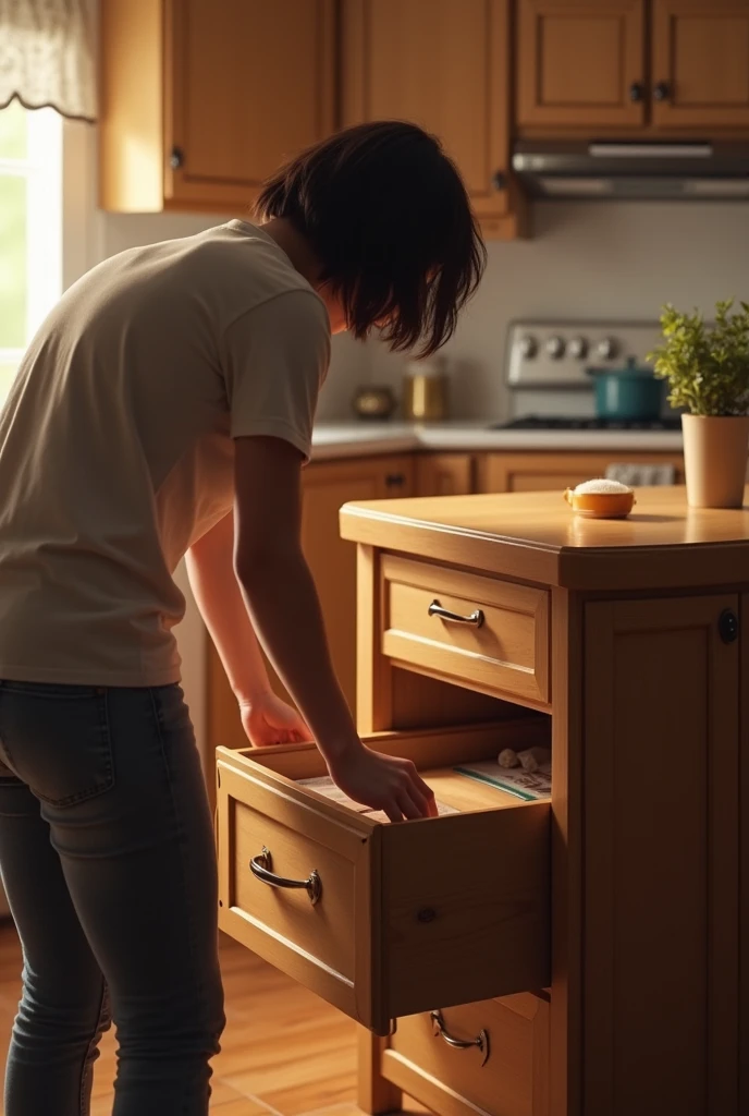 person removing a box from a bottom drawer of a kitchen island
