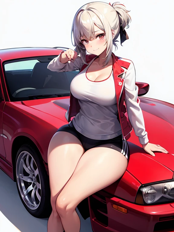 masterpiece, best quality, ultra-detailed, illustrator,1girl, White hair tied back , white tanktop, Wearing a red and white jacket, Short black sport pants, white shoes, blush, big breasts, Big thigh, Look to the Lower, simple background, solo, very sexy, shy expression, cute, white background, Smiling cute, Selfie photo poses, pose sitting on the hood of a car, Nissan skyline r34