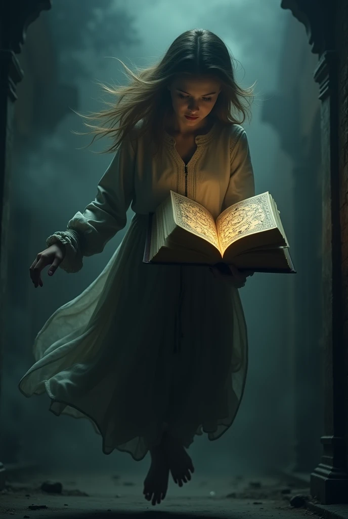 A mysterious girl holding a magical book, levitating in a dark, moody atmosphere, intricate book details, cinematic lighting, fantasy, dark art