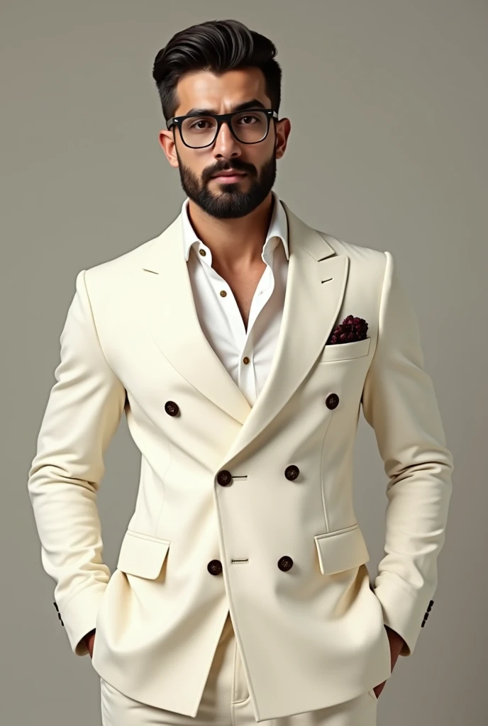 a male character, offwhite, short hair with a traditional cut, Brown suit, dark brown eyes, beard like glasses, broadshouldered, not very muscular, chic, 24 years, Turkish