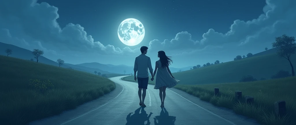 Give me a image prompt : the love couple walking on the free road under the full moon they sharing