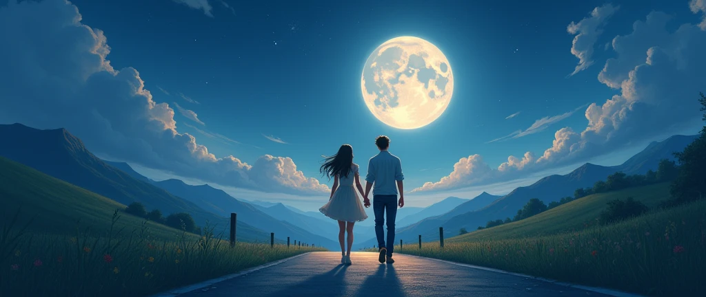 Give me a image prompt : the love couple walking on the free road under the full moon they sharing