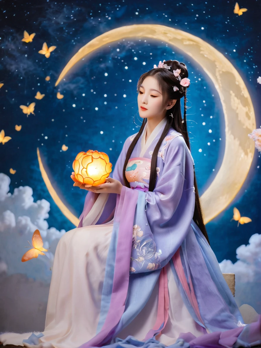 Wool felt style,Surreal space,abstract,Mid-Autumn Festival,Ancient mythology,Hanfu,1个身穿Hanfu的可爱女孩,((Chang'e fairy)),Felt clothing looks soft and warm in the moonlight,((sweet and delicious giant round mooncakes)),Fluffy love heart,Fluffy clouds,Star,Beautiful moon,(White rabbit),(Laurel:1.5),(Osmanthus fragrans:1.5),In a dream,A vibrant and fun way to set the stage,Blue, purple and pink tones,Bright,Art