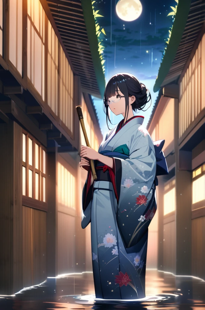 (extremely detailed fine touch:1.3), Vibrant colors, Soft tones, With warm and gentle lighting, (((silver semi-rimless eyewear:1.3))), girl, solo, full body, (ancient Japanese noble, beautiful kimono, beautiful long black hair), glowing hair, looking up at the moon, (pearl white moon:1.3), holding an Japanese umbrella, splash of water, fireflies flying around, bamboo leaves are placed three-dimensionally in the foreground, shining through rainwater, bamboo grove of japan,