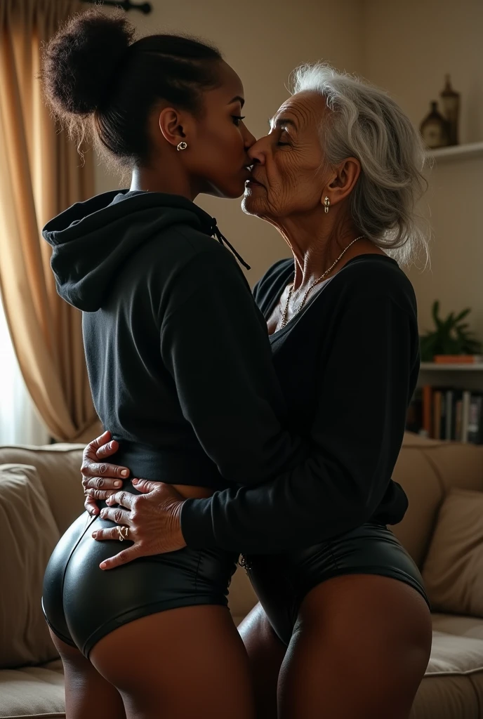 black woman hair in a bun black hoodie black leather short shorts bent over and old woman grabbing her ass cheeks and kissing her neck living room