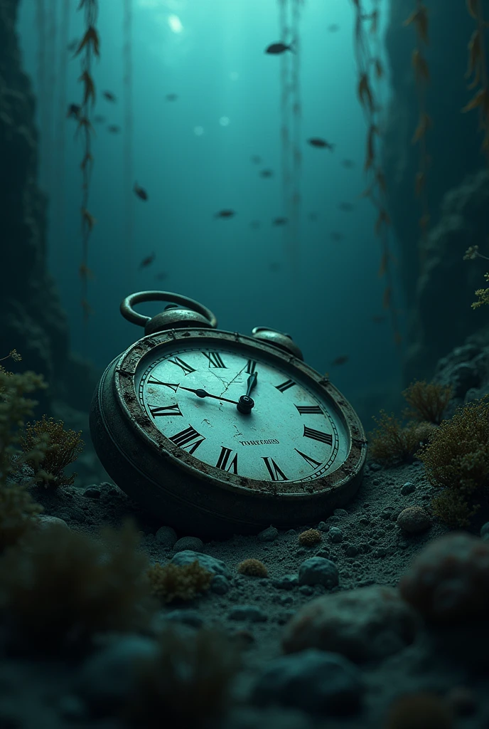 Broken clock sunk in the dark bottom of the sea