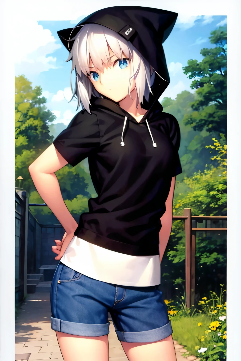Cat hoodie, top quality, masterpiece, one girl, , short gray hair, blue eyes, cat knit hat, short sleeves, shorts, nature