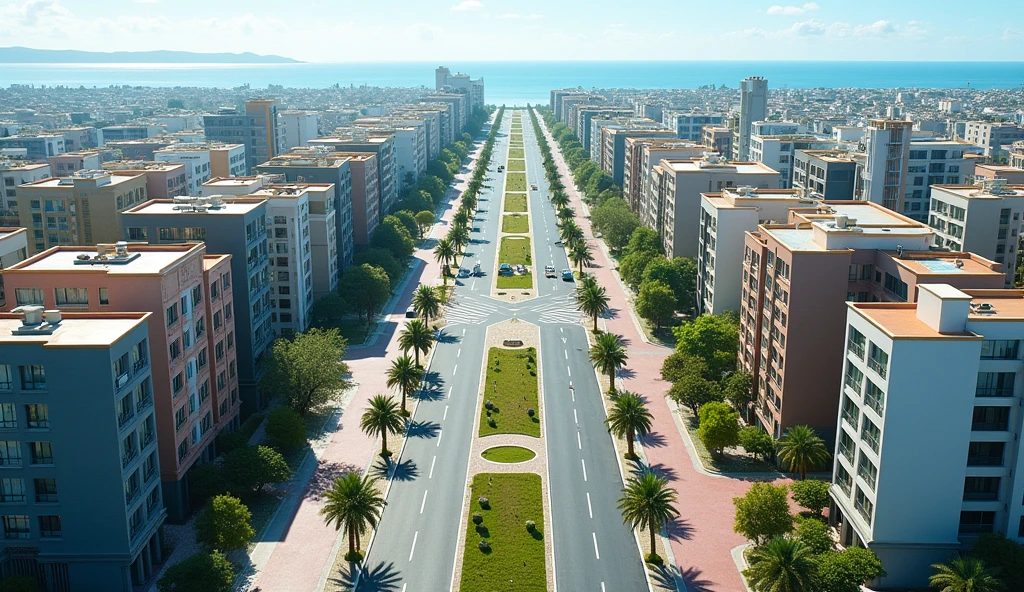 Aerial view of a symmetrical coastal city with a central boulevard lined with palm trees and green spaces. The boulevard is flanked by two wide multi-lane streets., Each is bordered by 90-meter-high residential and office buildings.. The buildings vary in color and style., Some have flat roofs and others have sloping roofs.. The city stretches out towards the horizon and in the distance there is a main square.. Crosswalks and intersections are visible, which indicates a well-planned urban infrastructure. The overall scene is bright and clear, which suggests a sunny day.