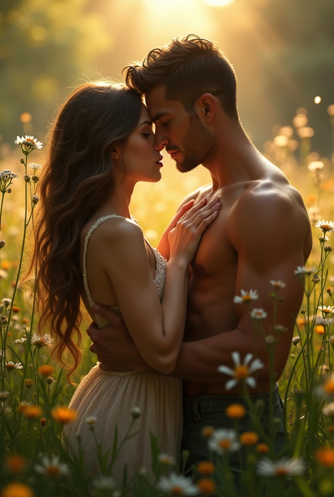 Woman having sex with a man on the grass with lots of lighting and detail zooming in on the penetration