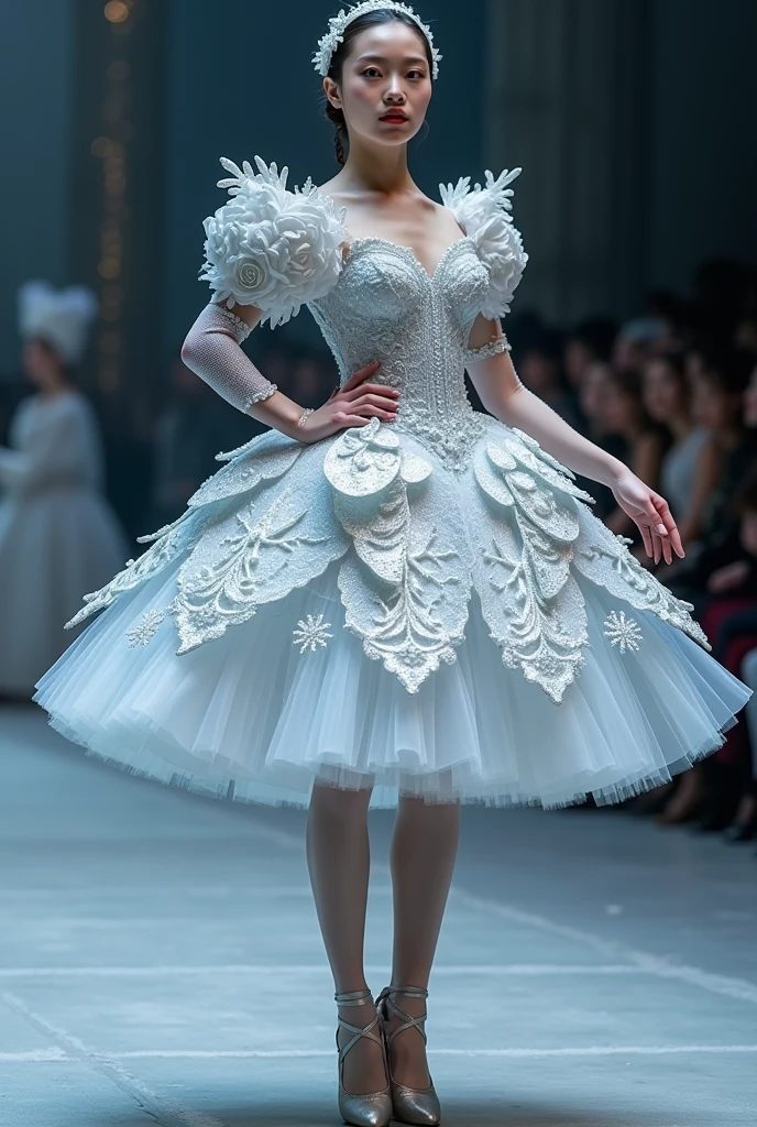 Make me a ballet costume for snowflakes inspired by the Nutcracker movie.  

It has to reach your knees., silver with white and large details not small ones. other

