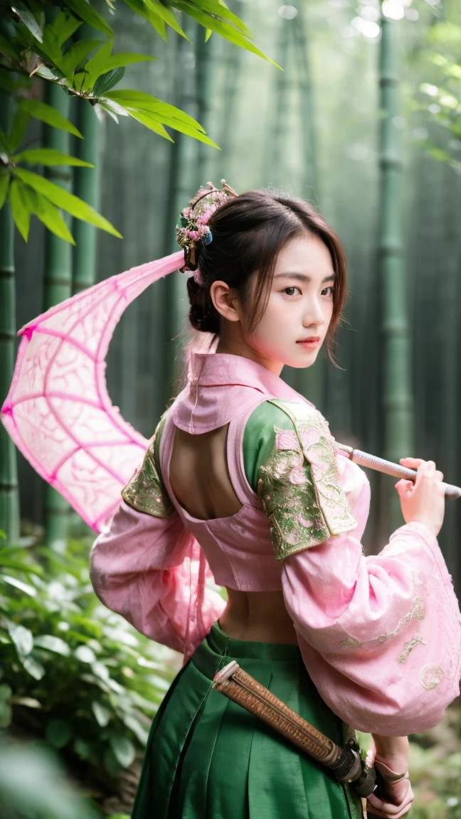 (Masterpiece,high definition, best quality, superior quality, intricate details, beautiful aesthetic:1.2),high quality, 8k, raw, ultra details, extremely detailed and beautiful,A fierce samurai warrior maiden wields a glowing pink katana as she battles an ancient green dragon amidst a magical misty bamboo forest, ribbons and leaves swirling around her. Dynamic action pose, flowing pink and green fabrics, neon lighting, intricate armor details. Japanese fantasy landscape.16k,Girl Facing Dragon,Back to camera,Lens hyperopia mecha musume,mechanical parts, 3d render, cgi, symetrical, octane render, 35mm, bokeh, (intricate details:1.12), hdr, (intricate details, hyperdetailed:1.15)
