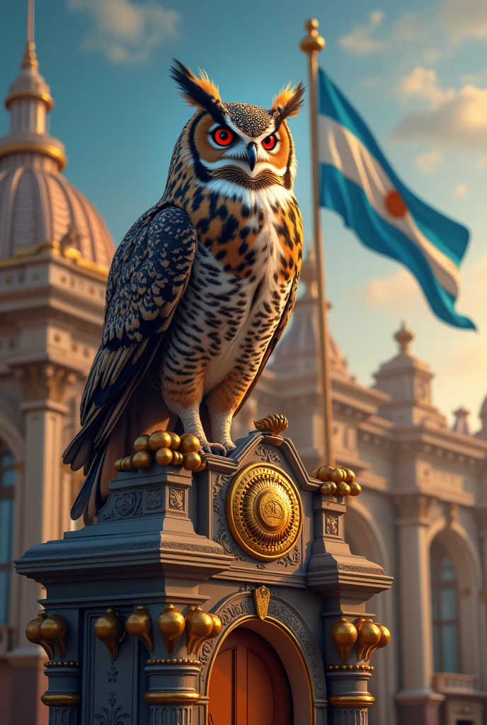 Owl in a giant casino with the flag of Argentina 8k