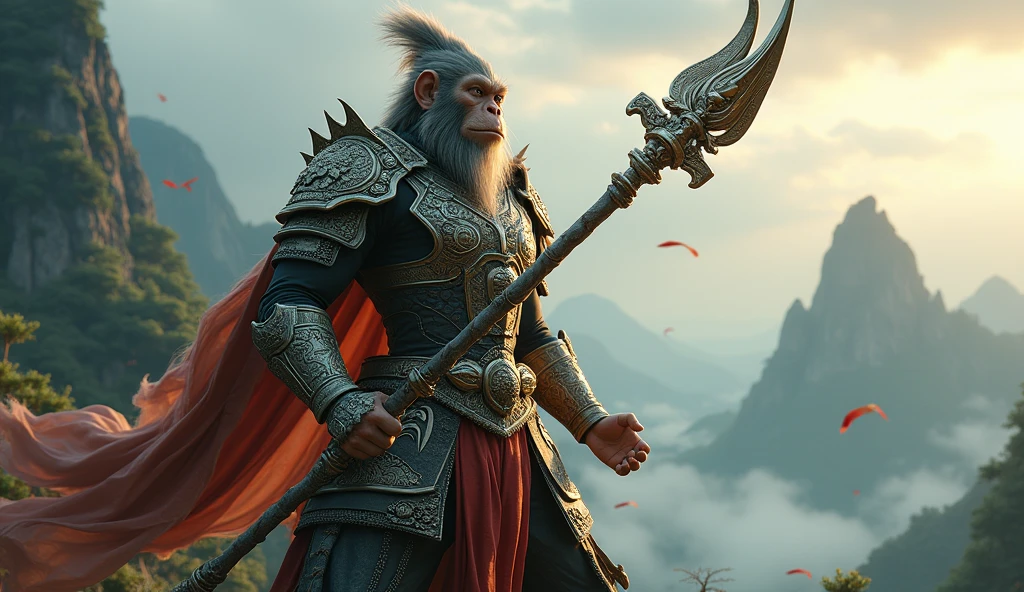 sun wukong, monkey with a stick, chinese warrior armor,  hyperrealistic, realistic renatosphere, epic 3D realism, best in wlop, kan liu, daz3d, trends in CGsociety, hyper-detailed realistic style, completo cosplay, by Ric Nagualero, album, hyung tae kim, 8k, irreal engine 5, film composition, hyper-detailed realistic portraits, 3D game art, CG Society, Fantasyart, hd art of season, realistic aesthetic, cinematic lighting, border light, smooth light, border light de filme, fine glow, ultradetailed, 8k, realistic use of light and color, cinematic light, rendered in cinema4d 500–1000 AD -- ar 3:4- Niji 6