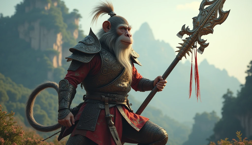 sun wukong, monkey with a stick, chinese warrior armor,  hyperrealistic, realistic renatosphere, epic 3D realism, best in wlop, kan liu, daz3d, trends in CGsociety, hyper-detailed realistic style, completo cosplay, by Ric Nagualero, album, hyung tae kim, 8k, irreal engine 5, film composition, hyper-detailed realistic portraits, 3D game art, CG Society, Fantasyart, hd art of season, realistic aesthetic, cinematic lighting, border light, smooth light, border light de filme, fine glow, ultradetailed, 8k, realistic use of light and color, cinematic light, rendered in cinema4d 500–1000 AD -- ar 3:4- Niji 6