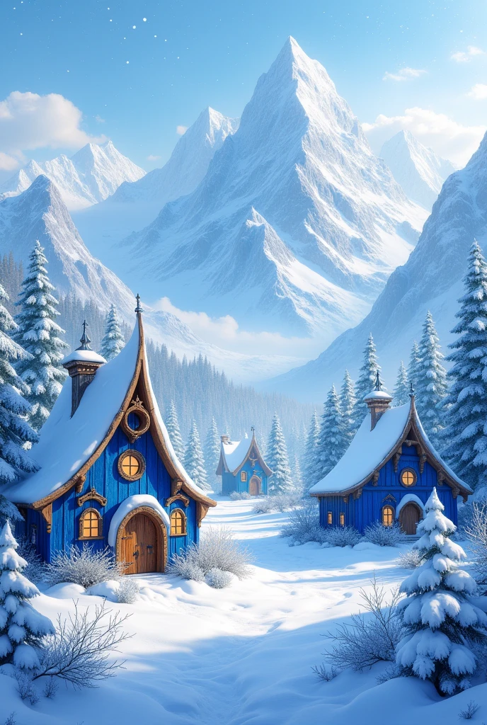 Snowy mountain with blue elf houses