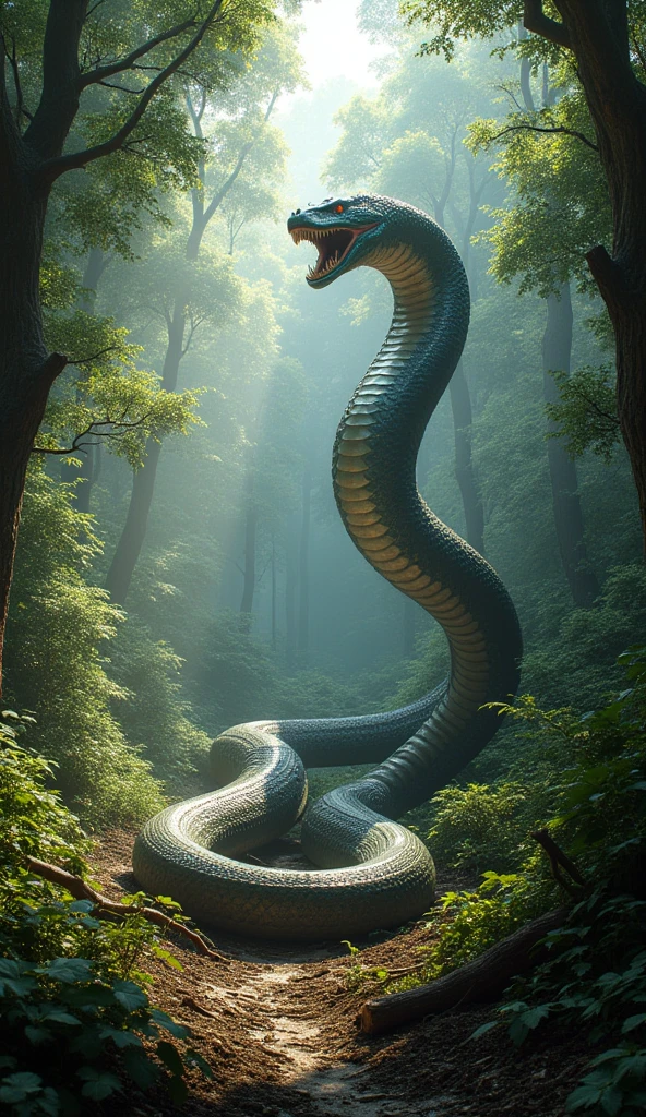 a giant titanoboa snake is crawling in a dense forest, long and huge in size, the forest is tiny under the snake