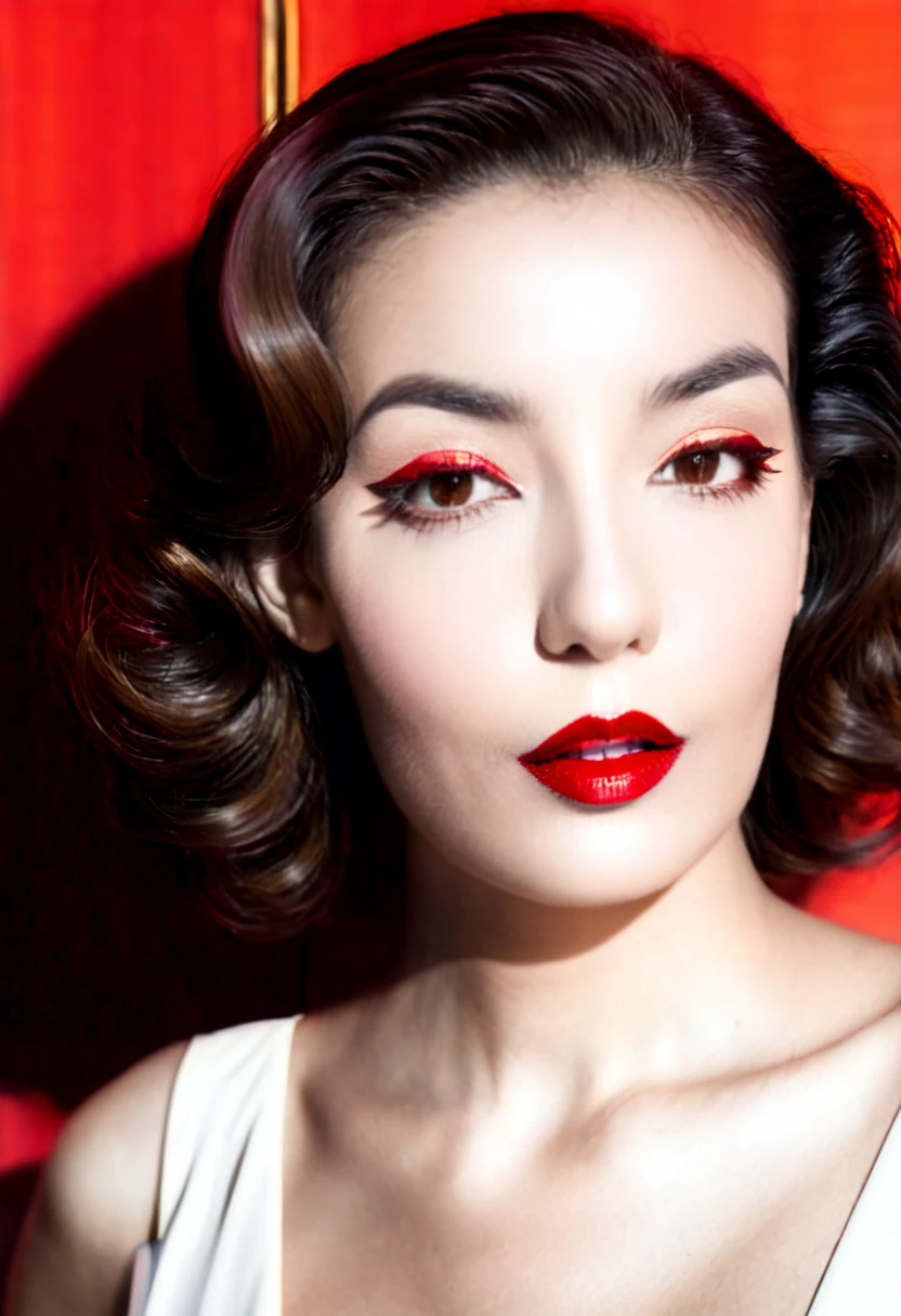 Photo noire et blanc, film noir style, Maginifique, 1fille, Seulement, demi-corps, Dramatic lighting, sepia, high contrast, ombres dramatiques, 40s style, Mysterious, cinematic, Bright red lips (((Only lips red)))