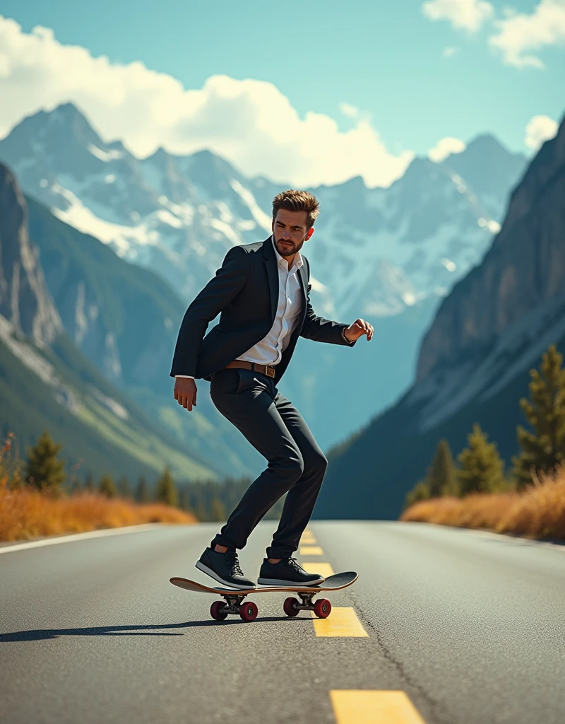 a businessman use skateboards to go to work and the background is in the moutain. the mood and tone is lively. he is the right of picture.
