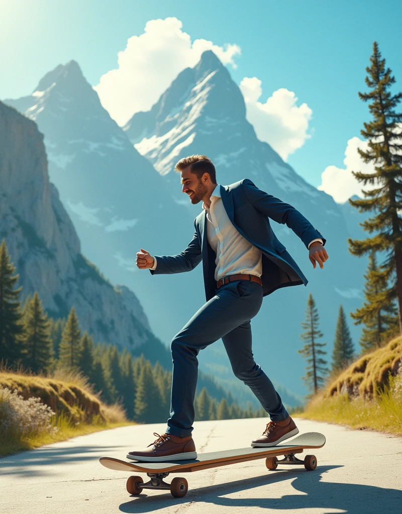 a businessman use skateboards to go to work and the background is in the moutain. the mood and tone is lively. he is the right of picture.