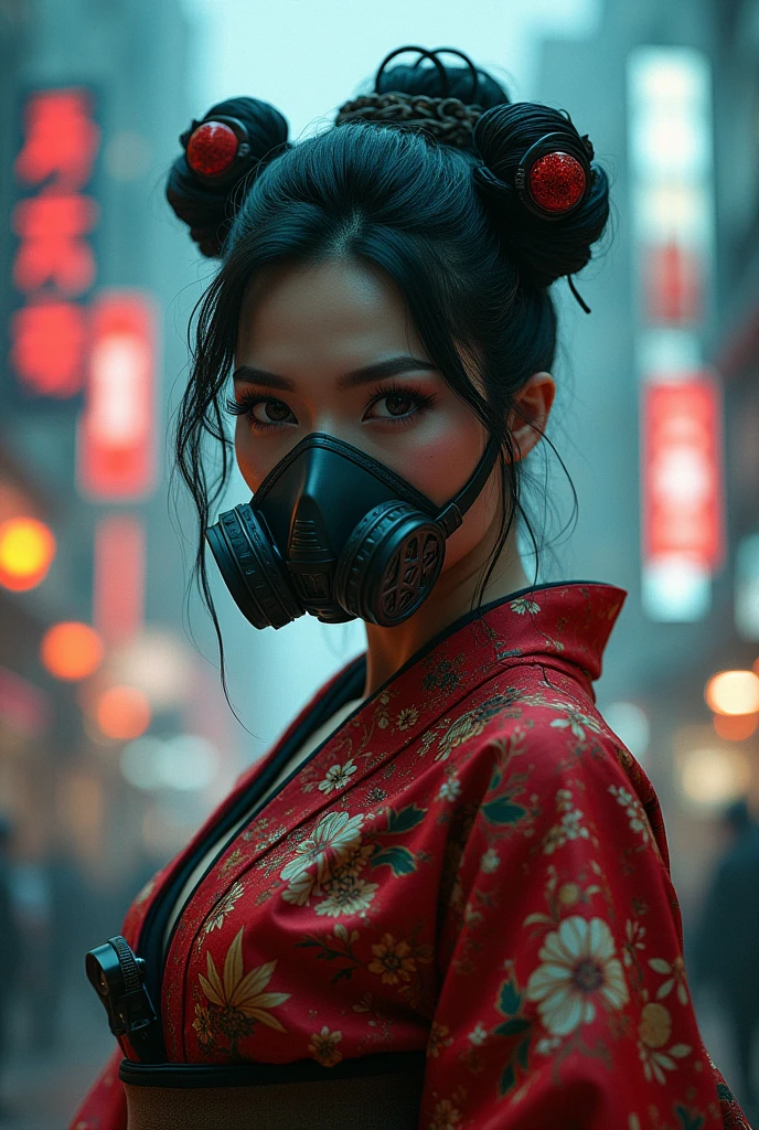 superhero in kimono, detailed face, beautiful detailed eyes, beautiful detailed lips, extremely detailed face and features, long eyelashes, dramatic lighting, toxic gas mask, glowing toxic energy, cyberpunk city background, intricate details, cinematic composition, (best quality,8k,highres,masterpiece:1.2),ultra-detailed,(realistic,photorealistic,photo-realistic:1.37),dramatic lighting,cinematic,illustration,digital painting