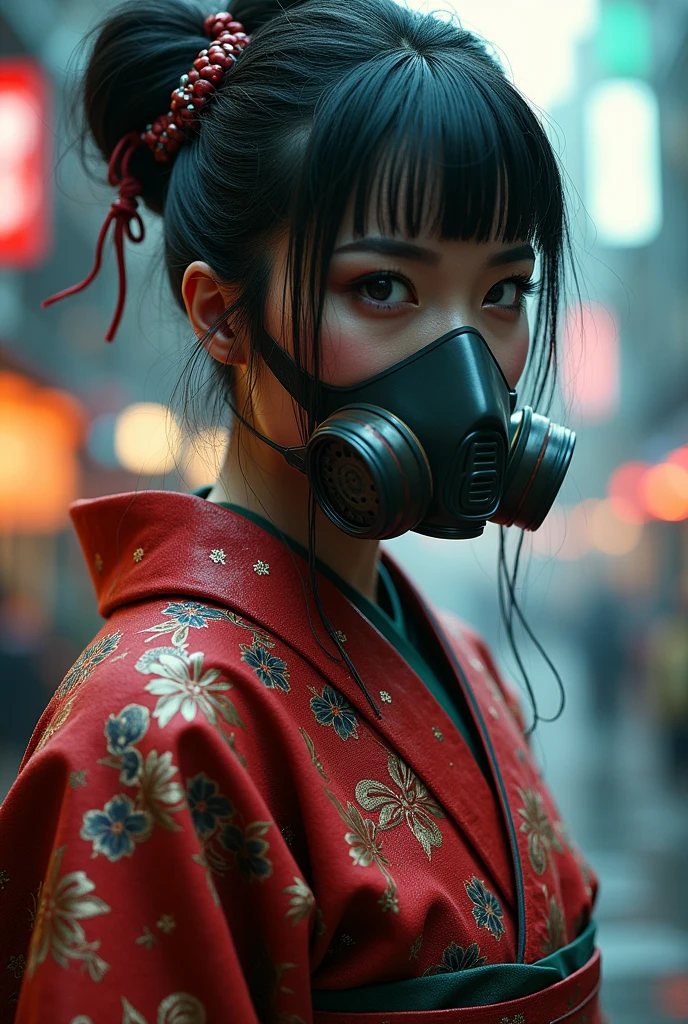 superhero in kimono, detailed face, beautiful detailed eyes, beautiful detailed lips, extremely detailed face and features, long eyelashes, dramatic lighting, toxic gas mask, glowing toxic energy, cyberpunk city background, intricate details, cinematic composition, (best quality,8k,highres,masterpiece:1.2),ultra-detailed,(realistic,photorealistic,photo-realistic:1.37),dramatic lighting,cinematic,illustration,digital painting