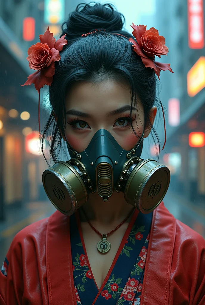 superhero in kimono, detailed face, beautiful detailed eyes, beautiful detailed lips, extremely detailed face and features, long eyelashes, dramatic lighting, toxic gas mask, glowing toxic energy, cyberpunk city background, intricate details, cinematic composition, (best quality,8k,highres,masterpiece:1.2),ultra-detailed,(realistic,photorealistic,photo-realistic:1.37),dramatic lighting,cinematic,illustration,digital painting